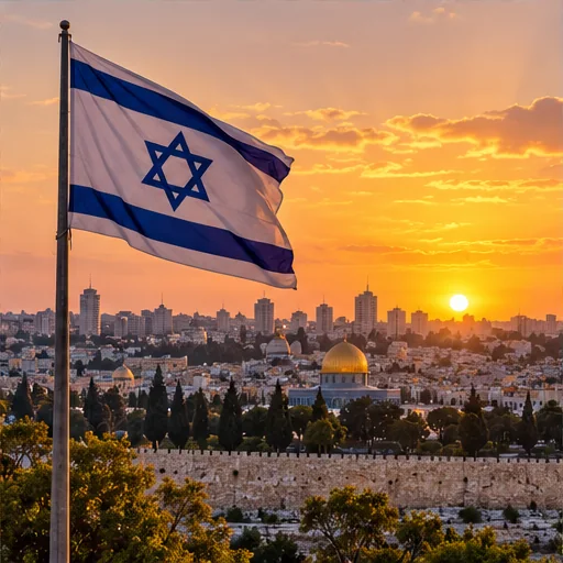 Israeli flag over a city skyline at sunset